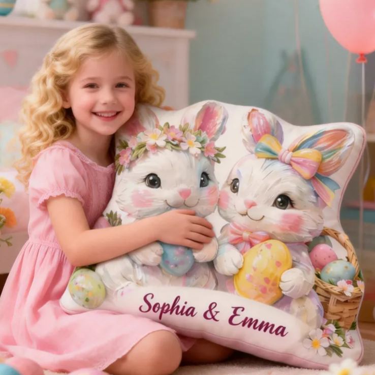 Personalized Cute Brushstroke Bunnies Pillow Baby Nursery Decor Easter Toddler Gift 