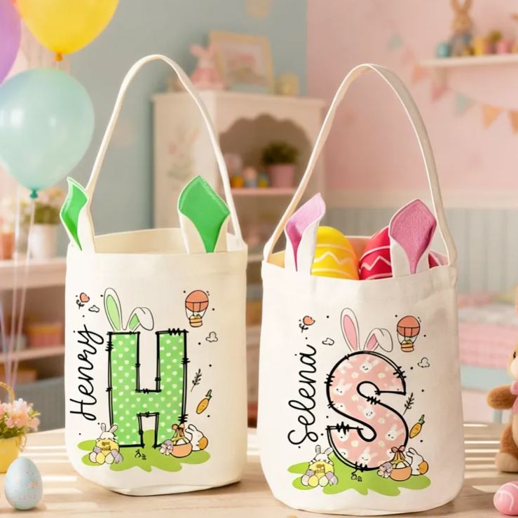 Personalized Easter Bunny Carrot Eggs Large Capacity Basket with Name and Initial Easter Eggs Hunting Party Favors Gift for Boys Girls