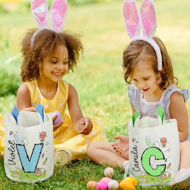 Personalized Easter Bunny Carrot Eggs Large Capacity Basket with Name and Initial Easter Eggs Hunting Party Favors Gift for Boys Girls