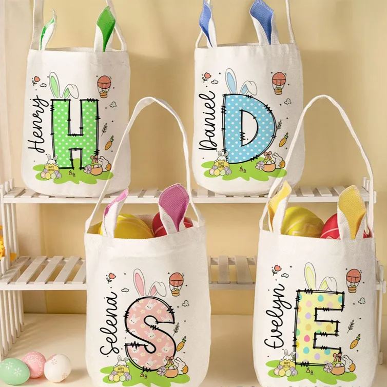 Personalized Easter Bunny Carrot Eggs Large Capacity Basket with Name and Initial Easter Eggs Hunting Party Favors Gift for Boys Girls