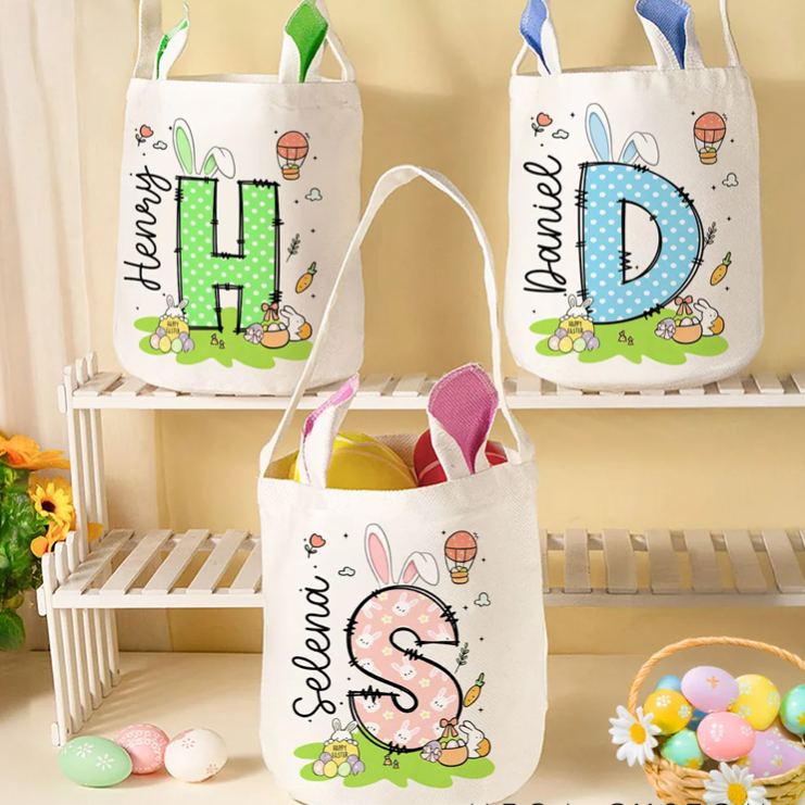 Personalized Easter Bunny Carrot Eggs Large Capacity Basket with Name and Initial Easter Eggs Hunting Party Favors Gift for Boys Girls