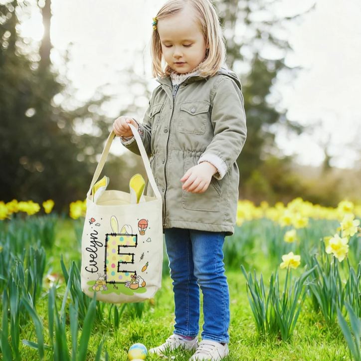 Personalized Easter Bunny Carrot Eggs Large Capacity Basket with Name and Initial Easter Eggs Hunting Party Favors Gift for Boys Girls