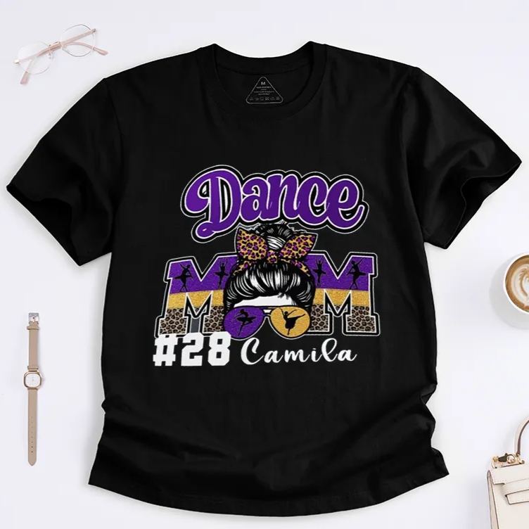 Personalized Dance Mom T-Shirt Custom Dance Team Name Number Gift for Women Cute Leopard Print Hair Bow Dance Mama for Dance Mom Support