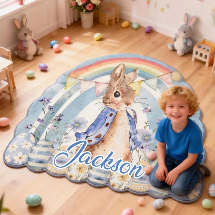 Personalized Cute Pink and Blue Easter Bunnies Rug with Name Home Decor Easter Gift for Kids
