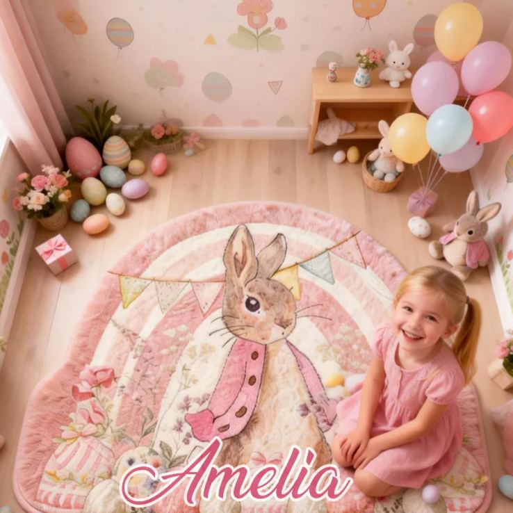 Personalized Cute Pink and Blue Easter Bunnies Rug with Name Home Decor Easter Gift for Kids