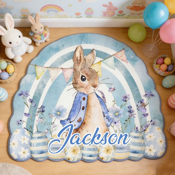 Personalized Cute Pink and Blue Easter Bunnies Rug with Name Home Decor Easter Gift for Kids