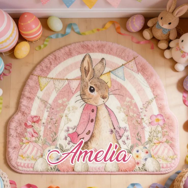 Personalized Cute Pink and Blue Easter Bunnies Rug with Name Home Decor Easter Gift for Kids