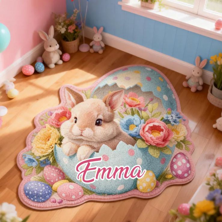 Personalized Cute Easter Bunnies and Eggs Rug with Name Home Decor Easter Gift for Kids