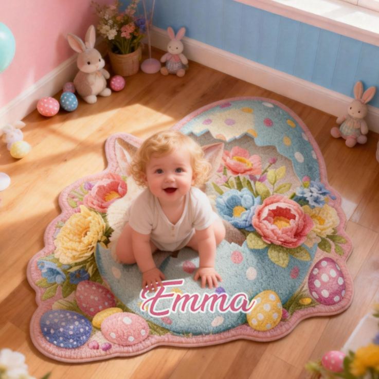 Personalized Cute Easter Bunnies and Eggs Rug with Name Home Decor Easter Gift for Kids