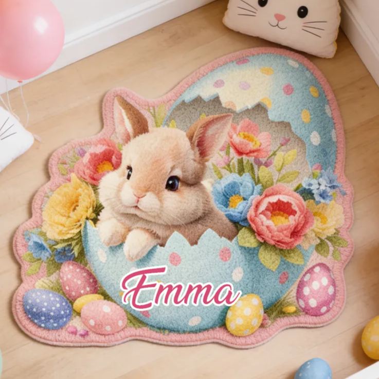 Personalized Cute Easter Bunnies and Eggs Rug with Name Home Decor Easter Gift for Kids