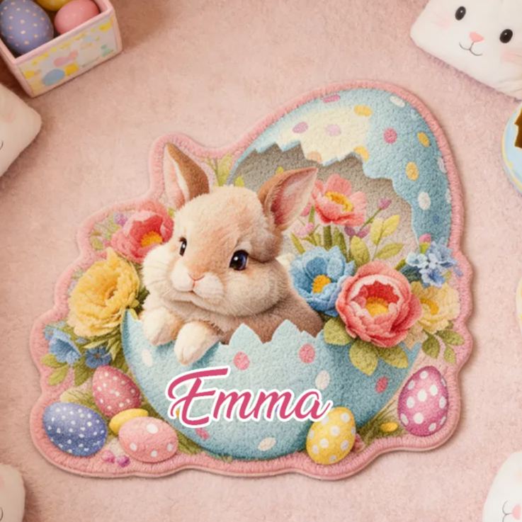 Personalized Cute Easter Bunnies and Eggs Rug with Name Home Decor Easter Gift for Kids