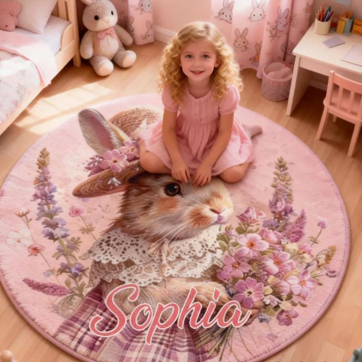 Personalized Spring Floral Bunny Rug with Name Home Decor Easter Gift for Kids