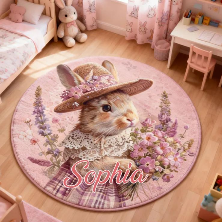 Personalized Spring Floral Bunny Rug with Name Home Decor Easter Gift for Kids