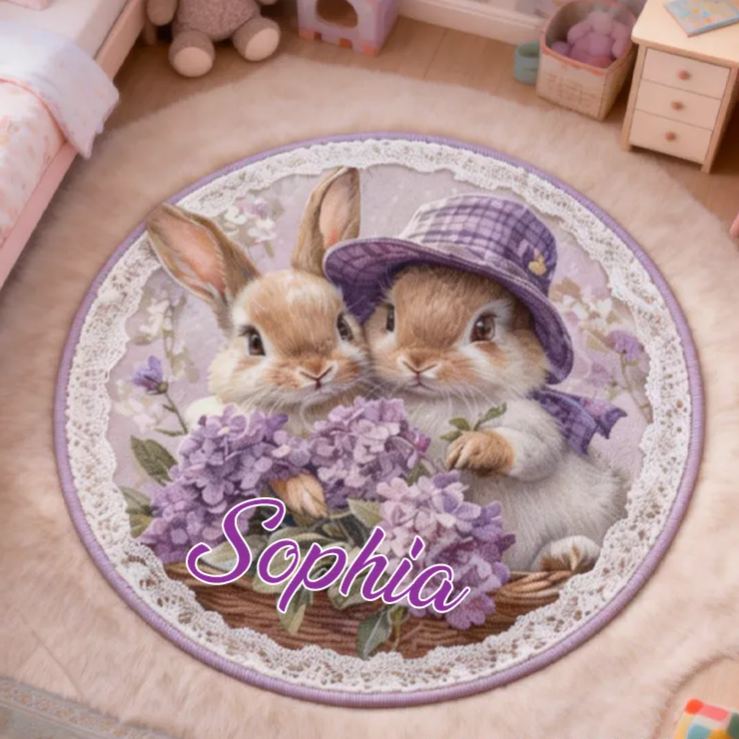 Personalized Spring Floral Bunny Rug with Name Home Decor Easter Gift for Kids