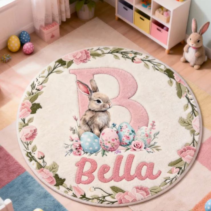 Personalized Easter Retro Bunny Rug with Name Home Decor Easter Gift for Kids