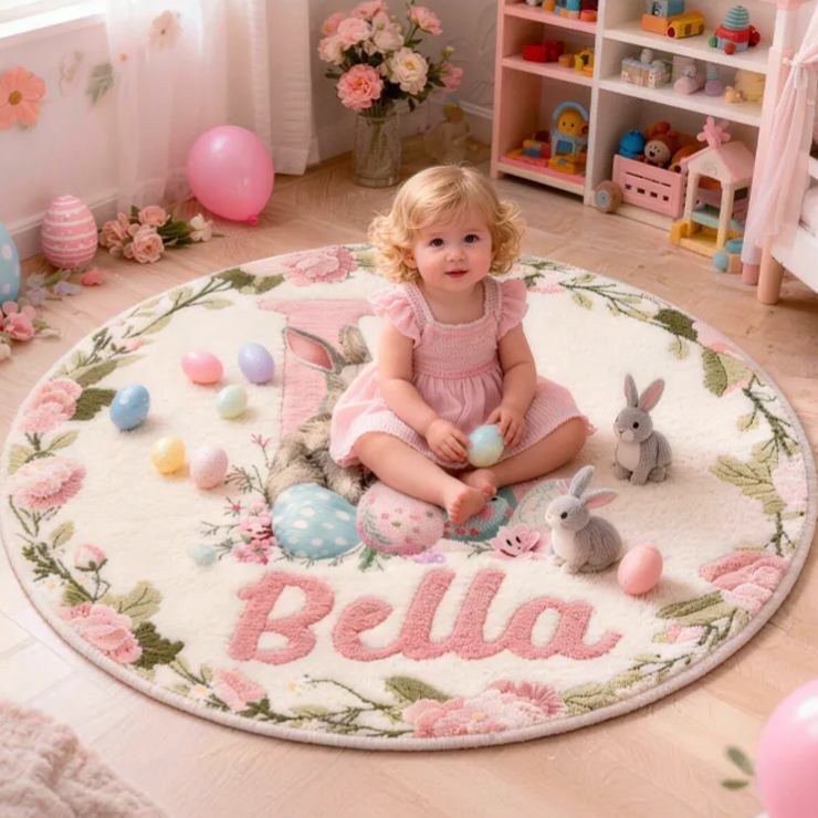 Personalized Easter Retro Bunny Rug with Name Home Decor Easter Gift for Kids