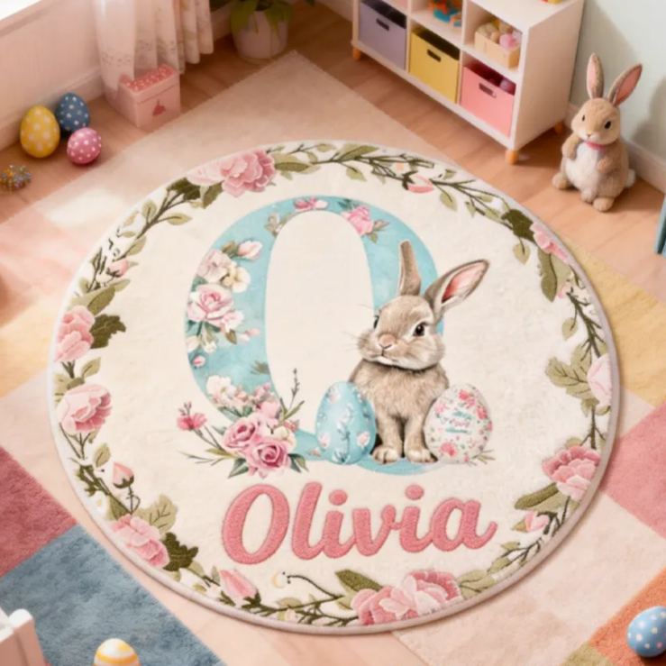 Personalized Easter Retro Bunny Rug with Name Home Decor Easter Gift for Kids