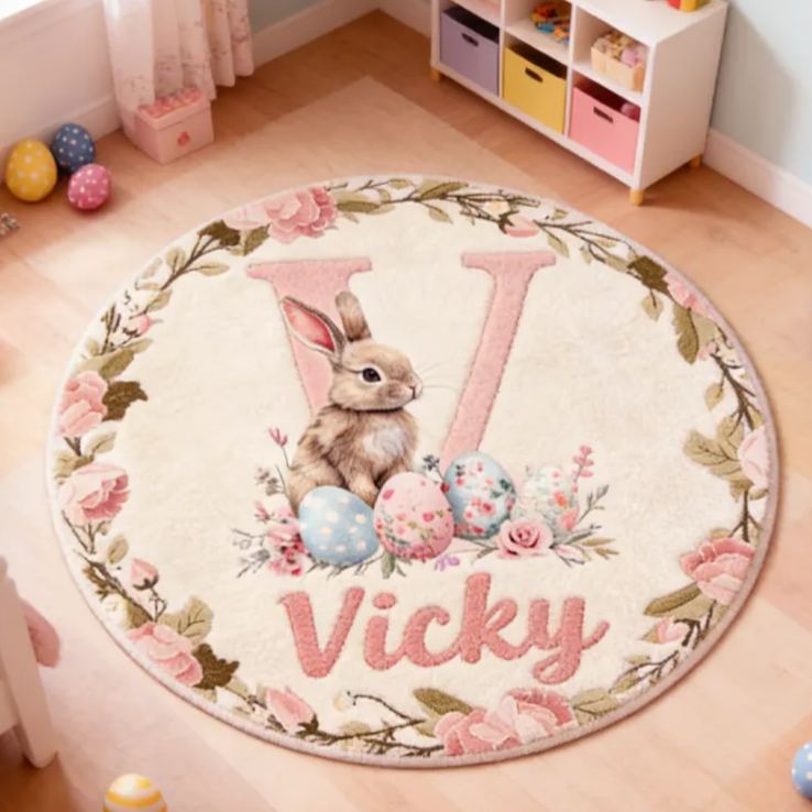 Personalized Easter Retro Bunny Rug with Name Home Decor Easter Gift for Kids