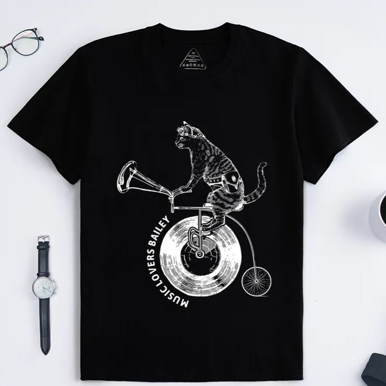 Personalized Classic T-Shirts Cat on Vinyl Bicycle and Quirky Music and Cycling Graphic Tee Perfect for Animal and Music Lovers Gift