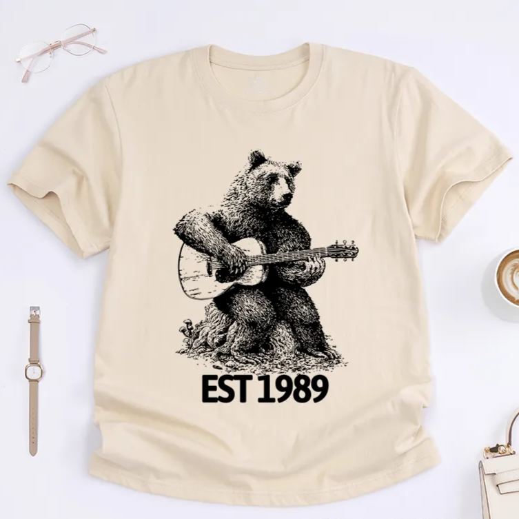 Personalized Classic T-Shirts Bear Playing Guitar Shirt Bear and Music Gift for Guitar Player Tee