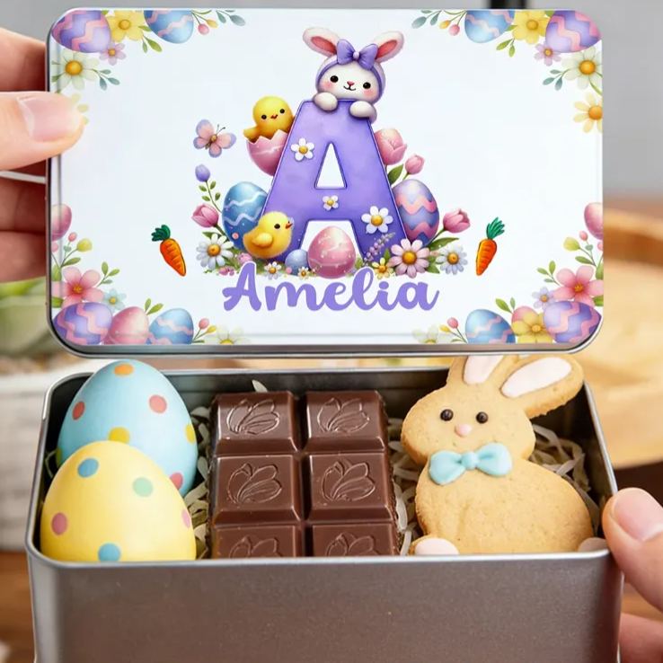 Personalized Cute Cartoon Bunny Easter Eggs Food Grade Metal Biscuit Tin Storage Box with Name Easter Gift for Family Kids
