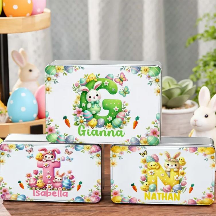 Personalized Cute Cartoon Bunny Easter Eggs Food Grade Metal Biscuit Tin Storage Box with Name Easter Gift for Family Kids