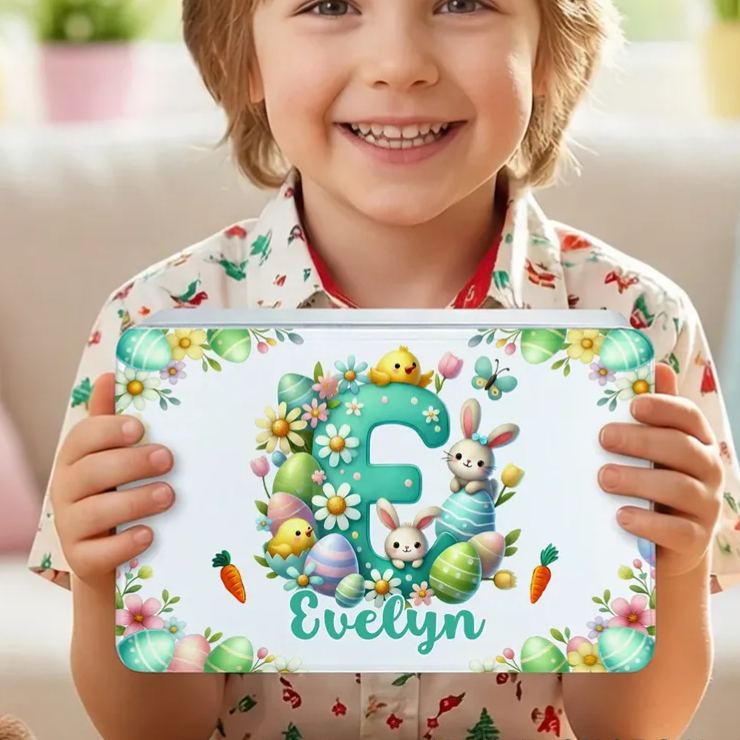 Personalized Cute Cartoon Bunny Easter Eggs Food Grade Metal Biscuit Tin Storage Box with Name Easter Gift for Family Kids