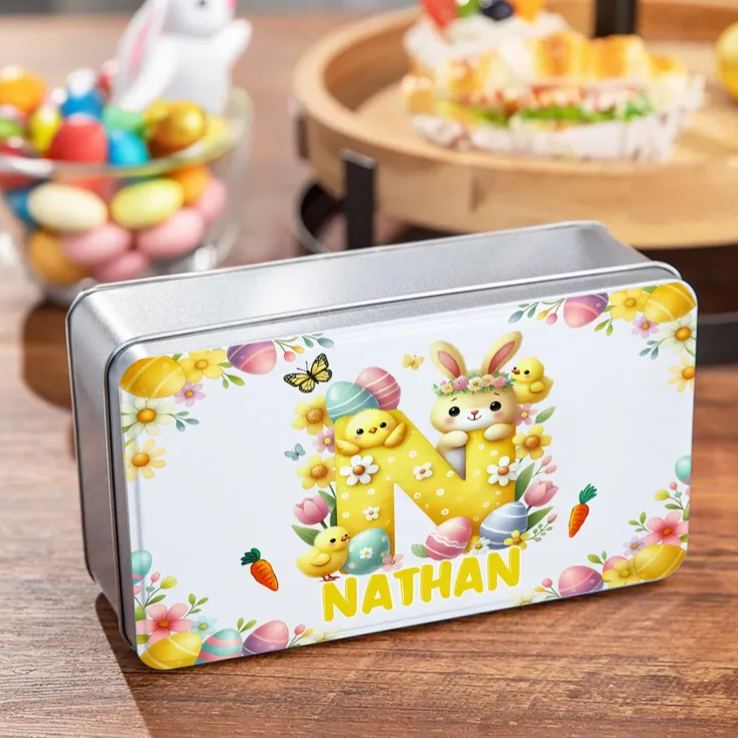 Personalized Cute Cartoon Bunny Easter Eggs Food Grade Metal Biscuit Tin Storage Box with Name Easter Gift for Family Kids