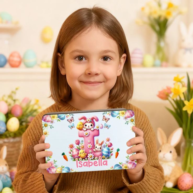 Personalized Cute Cartoon Bunny Easter Eggs Food Grade Metal Biscuit Tin Storage Box with Name Easter Gift for Family Kids