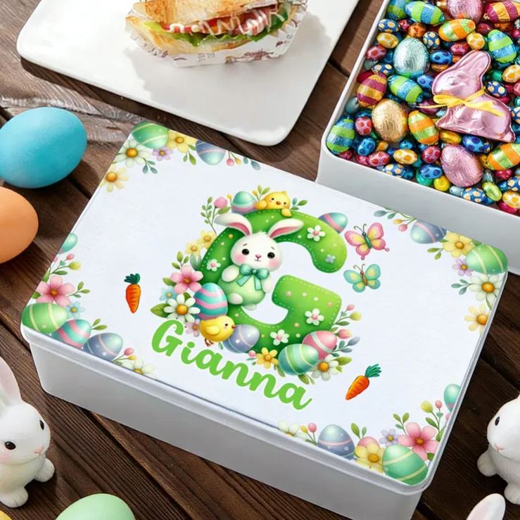 Personalized Cute Cartoon Bunny Easter Eggs Food Grade Metal Biscuit Tin Storage Box with Name Easter Gift for Family Kids