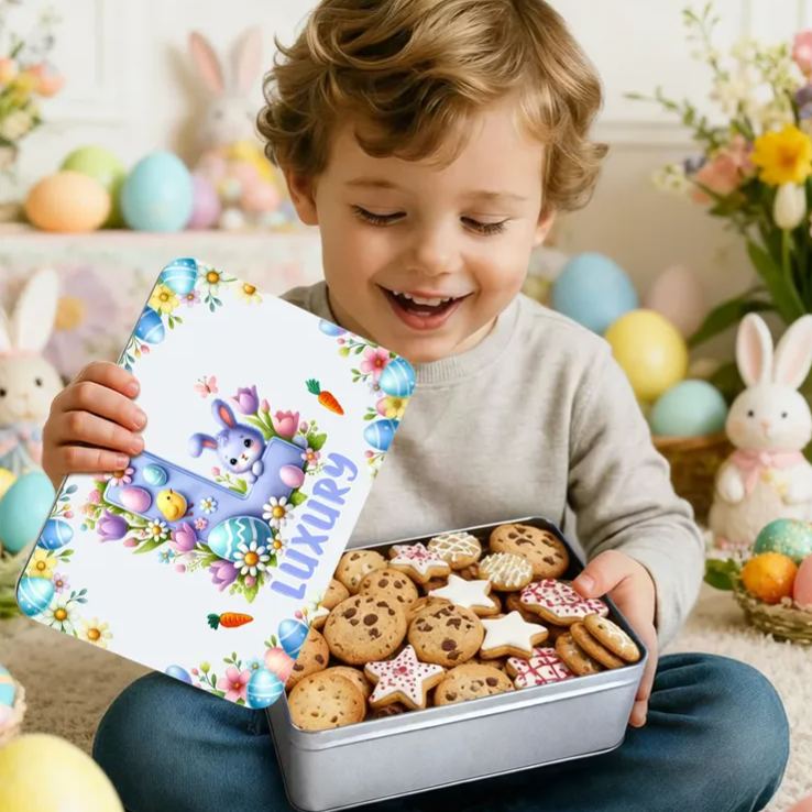 Personalized Cute Cartoon Bunny Easter Eggs Food Grade Metal Biscuit Tin Storage Box with Name Easter Gift for Family Kids