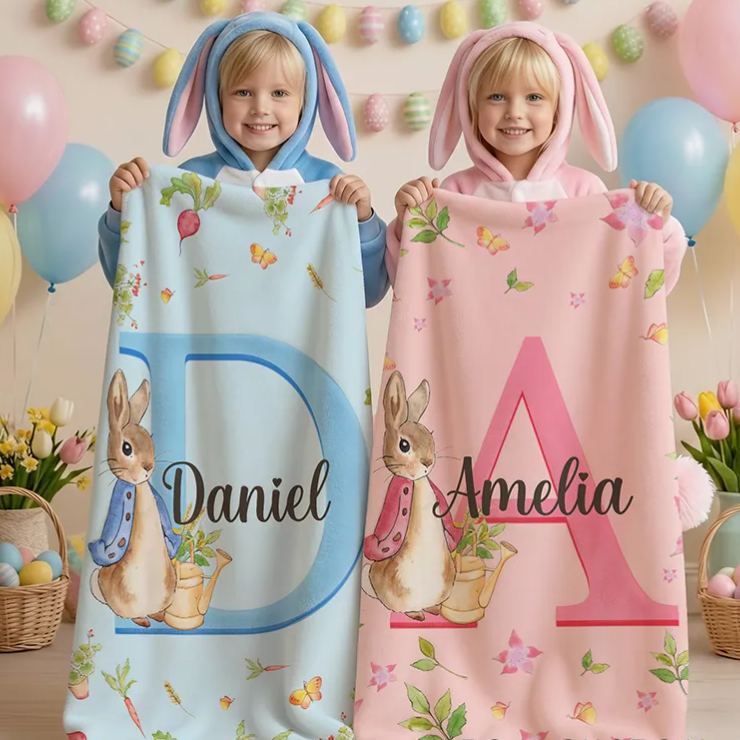 Personalized Name Peter Rabbit Bunny Alphabet Blanket Flannel Sherpa Bed Couch Throw Nursery Home Decor Birthday Easter Gift for Newborns Kids