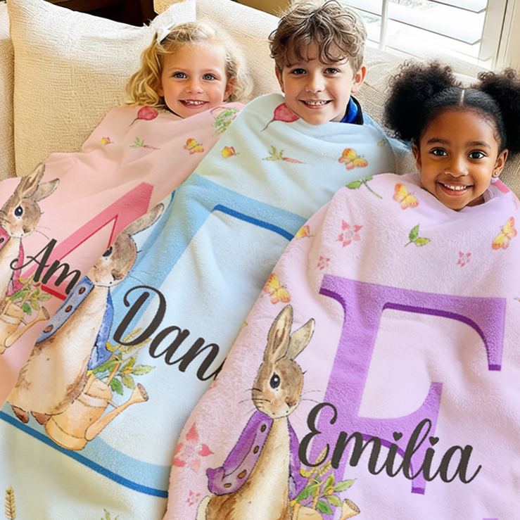 Personalized Name Peter Rabbit Bunny Alphabet Blanket Flannel Sherpa Bed Couch Throw Nursery Home Decor Birthday Easter Gift for Newborns Kids