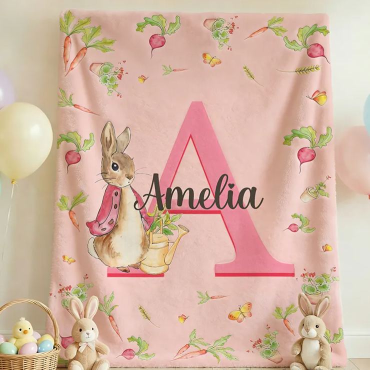 Personalized Name Peter Rabbit Bunny Alphabet Blanket Flannel Sherpa Bed Couch Throw Nursery Home Decor Birthday Easter Gift for Newborns Kids