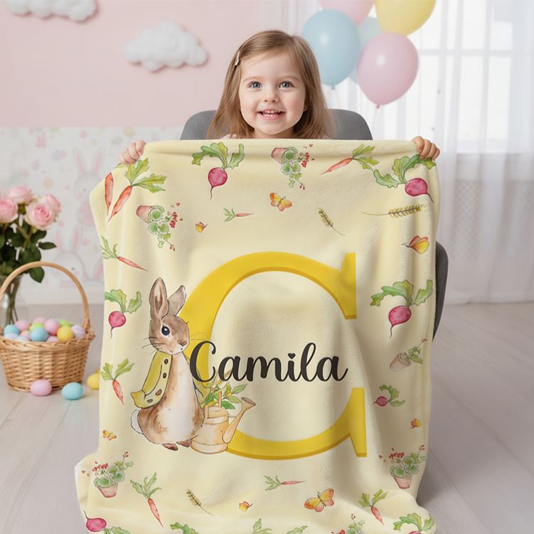 Personalized Name Peter Rabbit Bunny Alphabet Blanket Flannel Sherpa Bed Couch Throw Nursery Home Decor Birthday Easter Gift for Newborns Kids