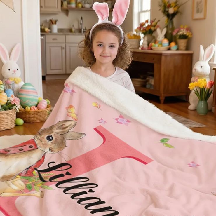 Personalized Name Peter Rabbit Bunny Alphabet Blanket Flannel Sherpa Bed Couch Throw Nursery Home Decor Birthday Easter Gift for Newborns Kids