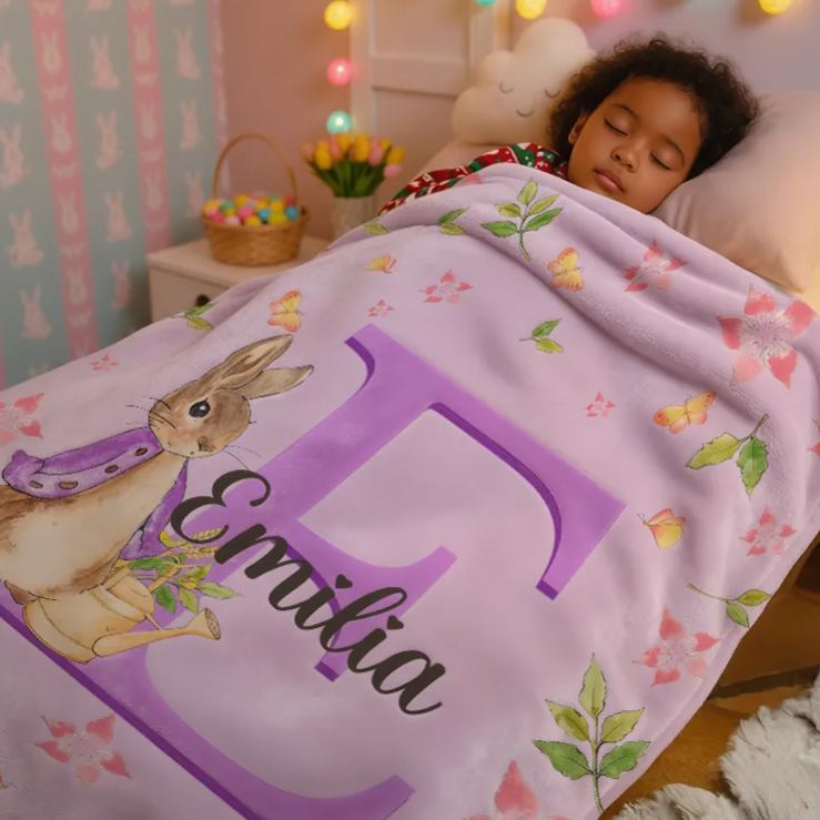 Personalized Name Peter Rabbit Bunny Alphabet Blanket Flannel Sherpa Bed Couch Throw Nursery Home Decor Birthday Easter Gift for Newborns Kids