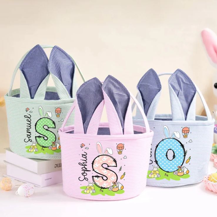 Personalized Cute Bunny Ears Polka Dot Initial Easter Basket with Name Egg Hunt Accessories Easter Party Gift for Boys Girls