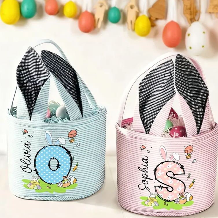 Personalized Cute Bunny Ears Polka Dot Initial Easter Basket with Name Egg Hunt Accessories Easter Party Gift for Boys Girls