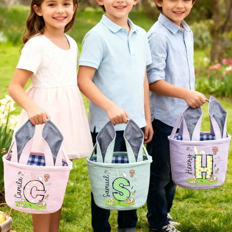 Personalized Cute Bunny Ears Polka Dot Initial Easter Basket with Name Egg Hunt Accessories Easter Party Gift for Boys Girls