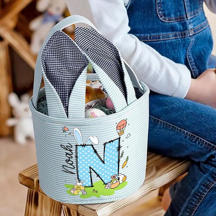 Personalized Cute Bunny Ears Polka Dot Initial Easter Basket with Name Egg Hunt Accessories Easter Party Gift for Boys Girls