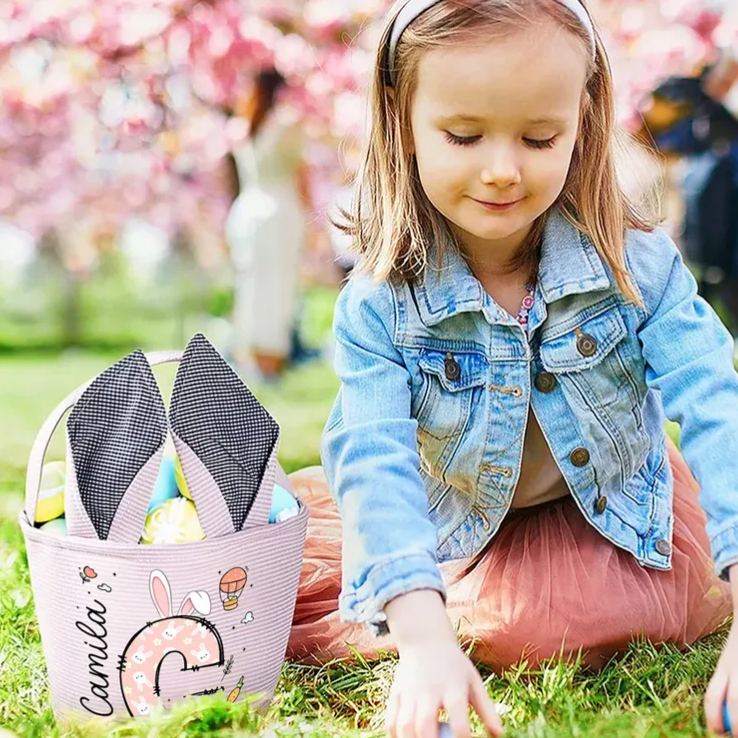 Personalized Cute Bunny Ears Polka Dot Initial Easter Basket with Name Egg Hunt Accessories Easter Party Gift for Boys Girls