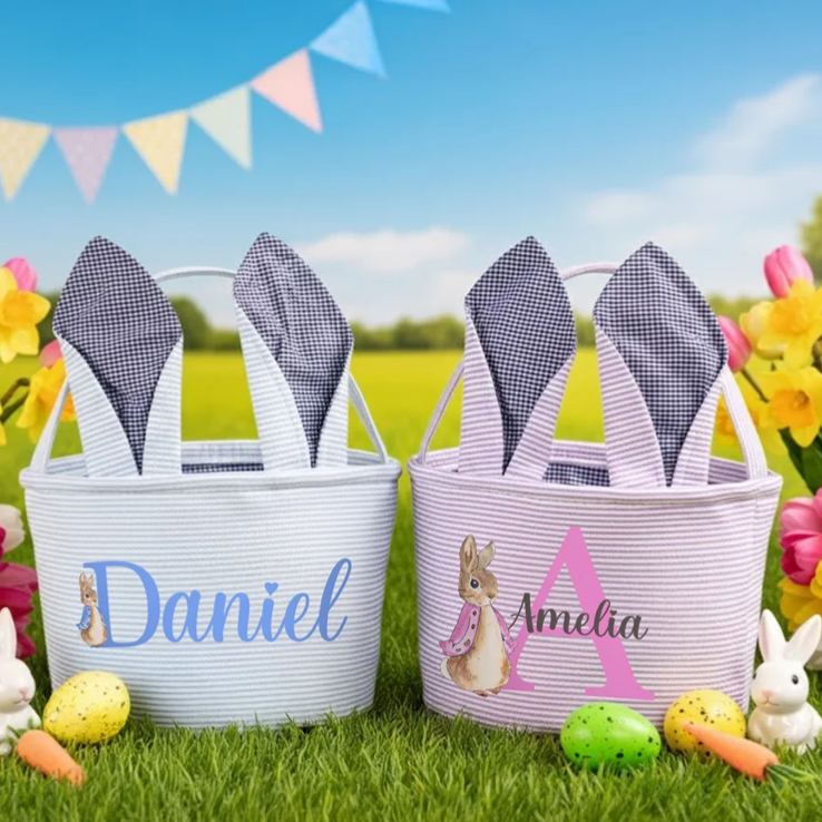 Personalized Cute Peter Rabbit Ears Stripe Easter Basket with Name and Initial Easter Party Favor Eggs Hunting Gift for Kids