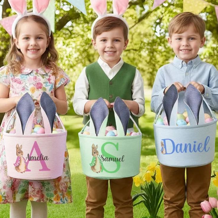 Personalized Cute Peter Rabbit Ears Stripe Easter Basket with Name and Initial Easter Party Favor Eggs Hunting Gift for Kids