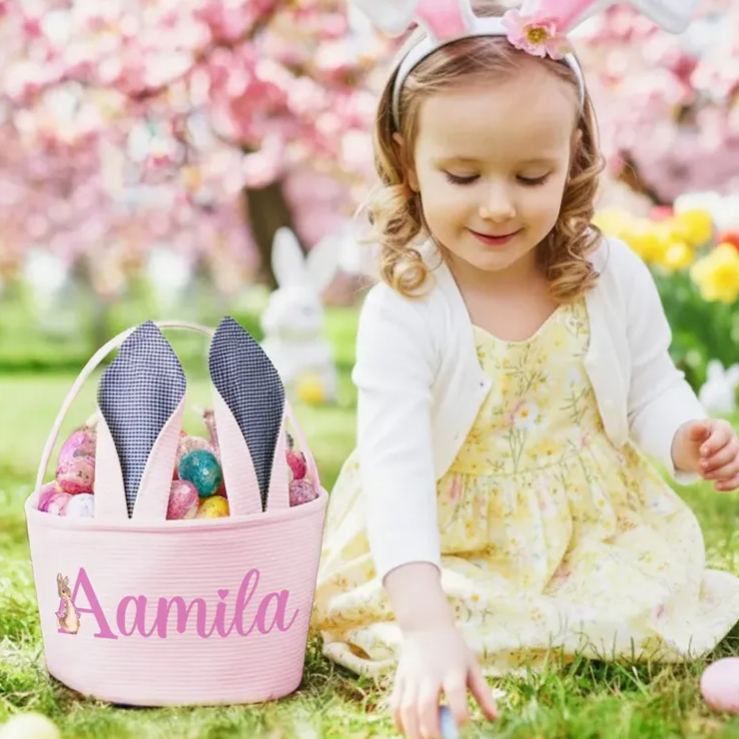 Personalized Cute Peter Rabbit Ears Stripe Easter Basket with Name and Initial Easter Party Favor Eggs Hunting Gift for Kids