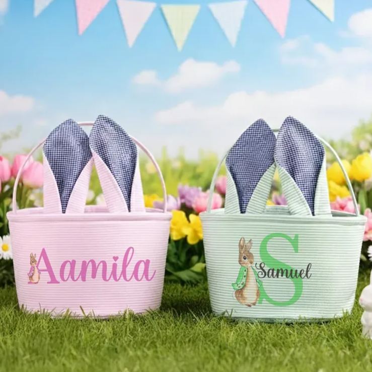 Personalized Cute Peter Rabbit Ears Stripe Easter Basket with Name and Initial Easter Party Favor Eggs Hunting Gift for Kids