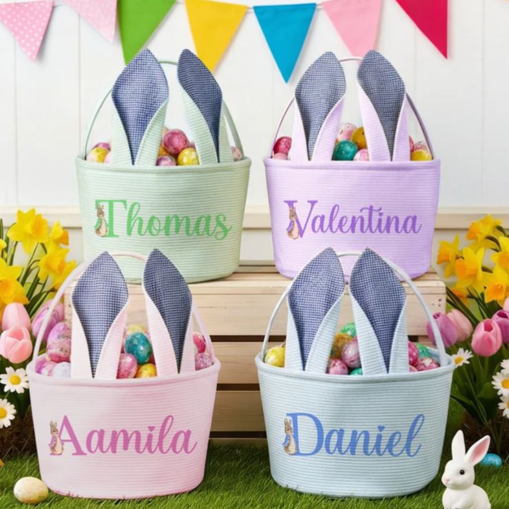 Personalized Cute Peter Rabbit Ears Stripe Easter Basket with Name and Initial Easter Party Favor Eggs Hunting Gift for Kids