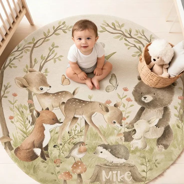 Personalized Woodland Animal Forest Theme Name Mat Soft Nursery Play Area Decor Carpet Rug for Kids