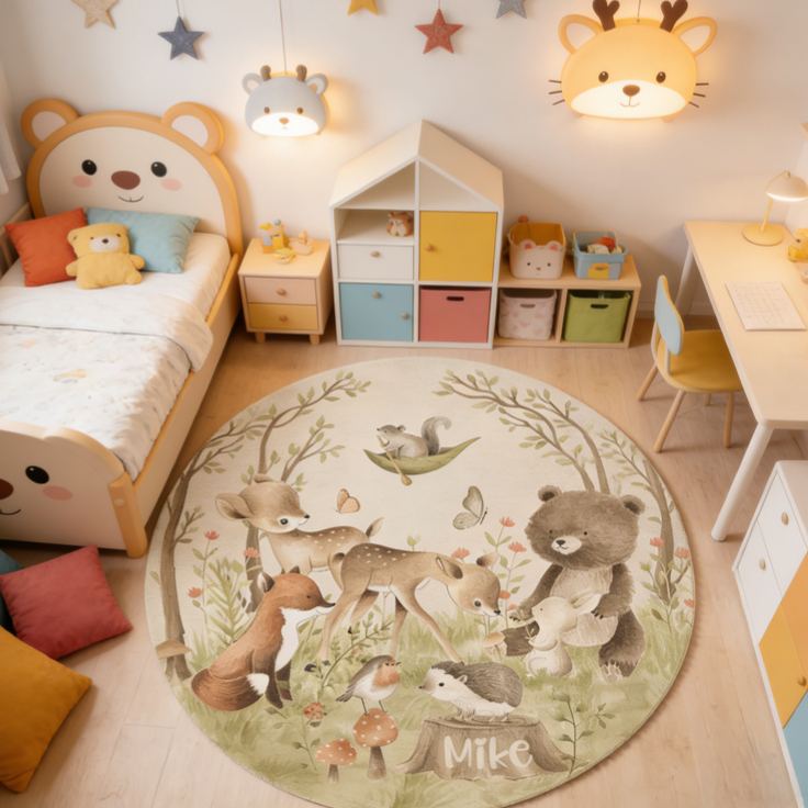 Personalized Woodland Animal Forest Theme Name Mat Soft Nursery Play Area Decor Carpet Rug for Kids