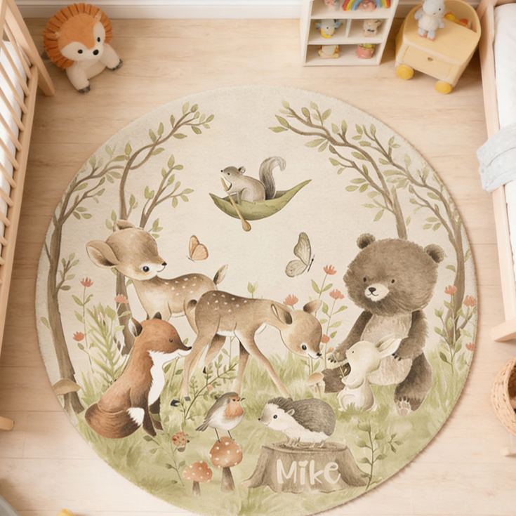 Personalized Woodland Animal Forest Theme Name Mat Soft Nursery Play Area Decor Carpet Rug for Kids